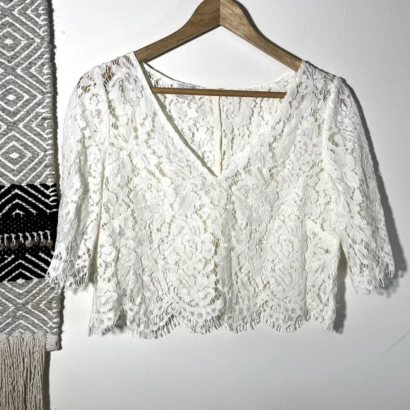 Jenny yoo cream lace cropped bottom back sheer top - Picture 1 of 7